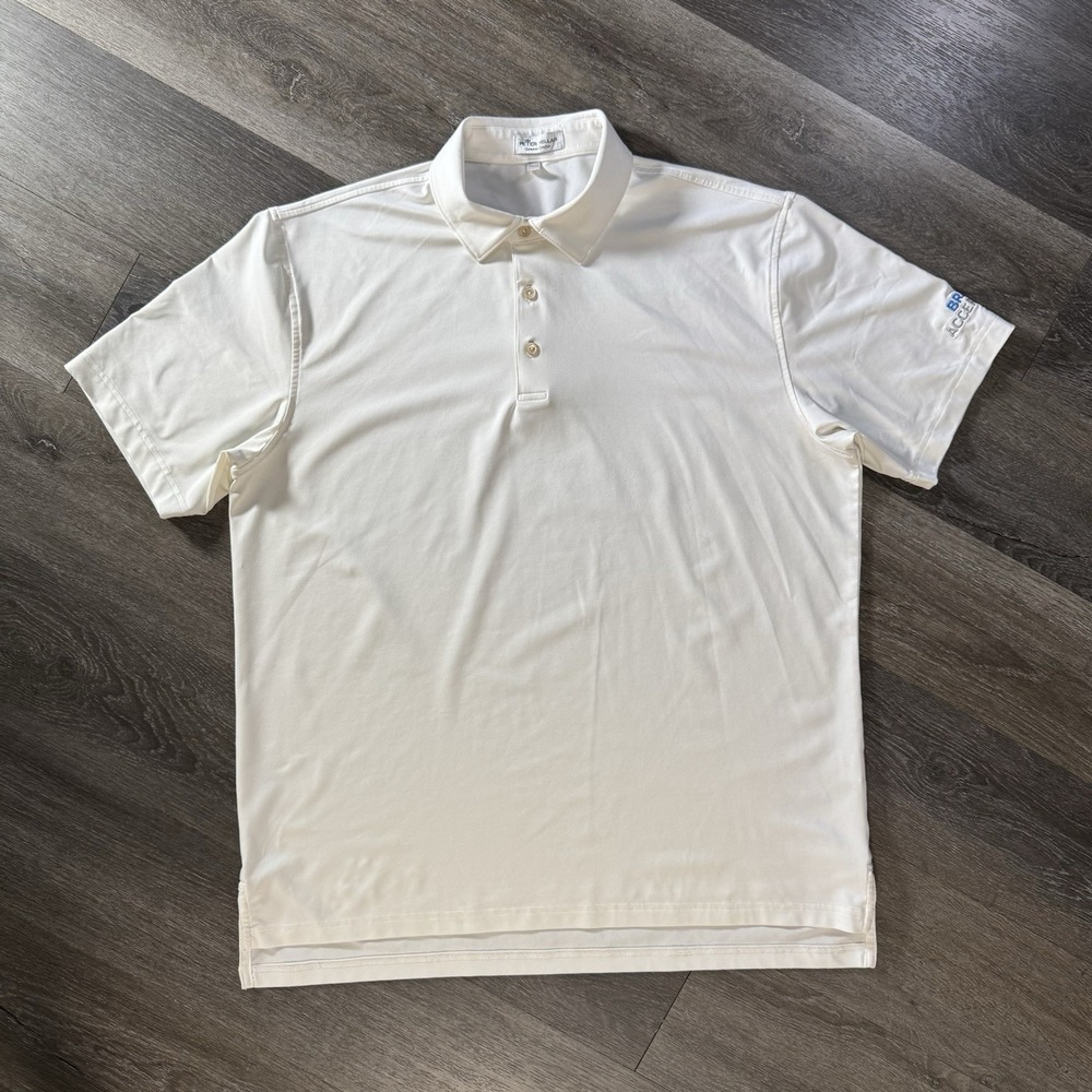 Peter Millar Solid White Short Sleeve Polo Shirt Men's Size L Logo Sleeves